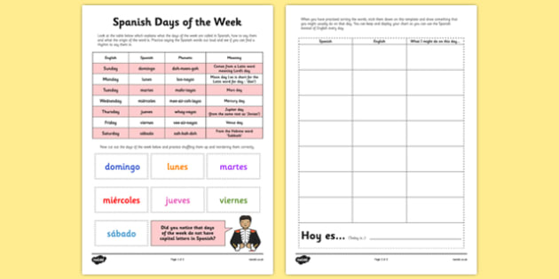 Days Of The Week In Spanish Worksheet Pdf Cut And Paste Free printable spanish worksheets ks3