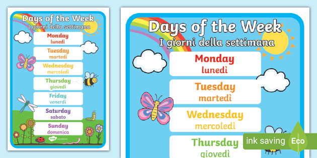 days of the week Spanish Language posters German Italian & French All A4 