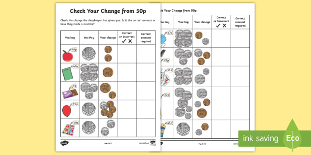 check your change from 50p worksheet teacher made