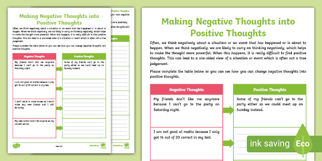 making negative thoughts into positive thoughts worksheet