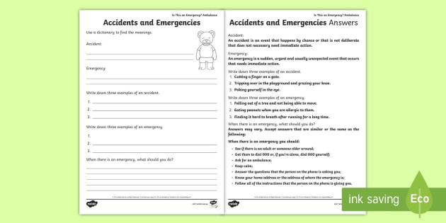 Dictionary Meanings for Accidents and Emergencies Worksheet to Support