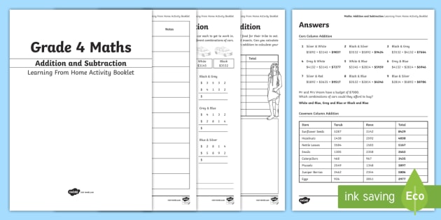 grade 4 maths addition and subtraction working from home activity booklet