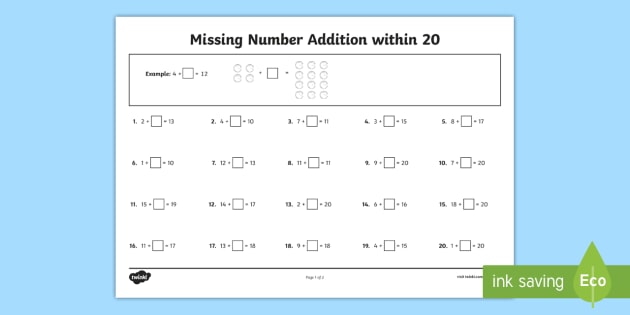 Missing Number Addition Within 20 Worksheet Worksheet Mental Maths Warm