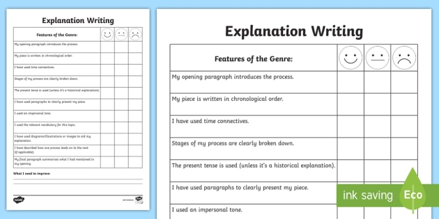 Explanation Writing Student Self Assessment Sheet