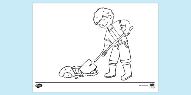 FREE! - Farmer's Son Digging Colouring Sheet - Twinkl Resources