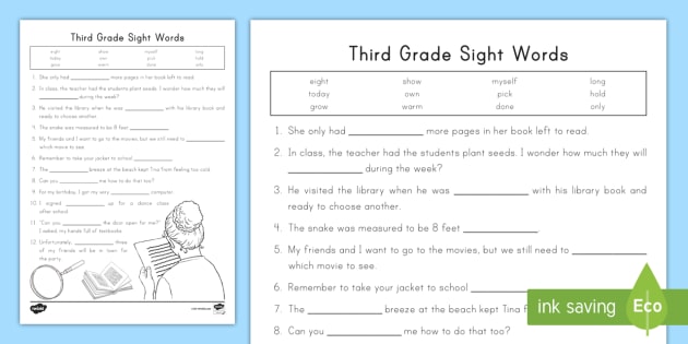 third grade sight words cloze reading activity