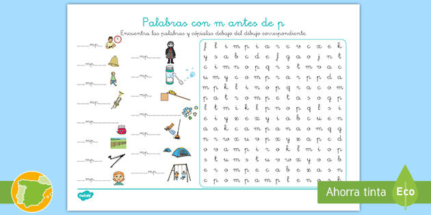 Sopa de letras: Palabras con m antes de p (Teacher-Made)