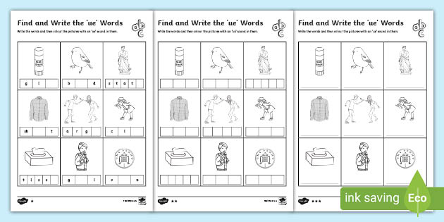 find and write the ue words differentiated worksheets