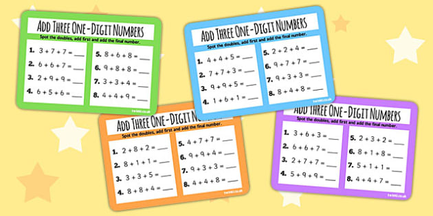 Add Three One Digit Numbers Doubles KS1 Maths Challenge Cards