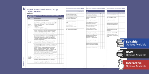 AQA GCSE Combined Science: Trilogy Topic Checklists - 6.1 Energy