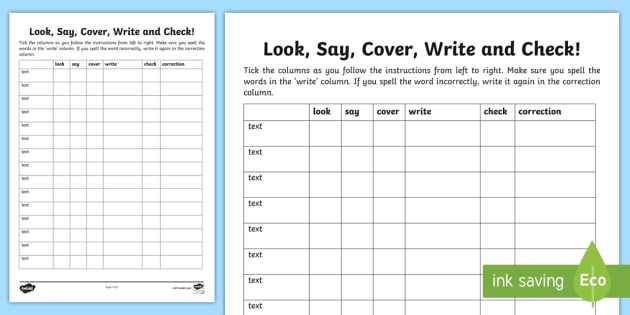 Look Say Cover Write and Check Blank Template Worksheet