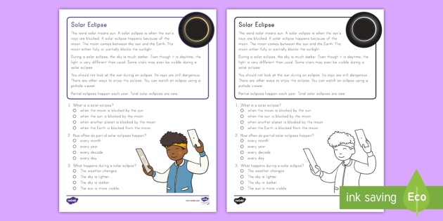 Second Grade Solar Eclipse Reading Passage Comprehension Activity