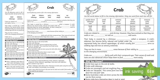 Australian Animals Years 3 6 Crabs Differentiated Cloze Passage Worksheet