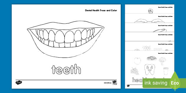 Dental Health Coloring Pages - Trace and Color Activity K-2