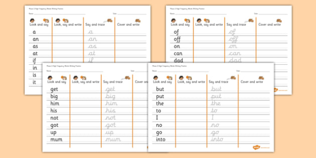 Phase 2 High Frequency Words Writing Practice Worksheets - phase