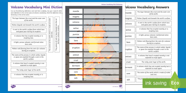 Volcano Vocabulary Mini Dictionary Worksheet / Activity Sheet