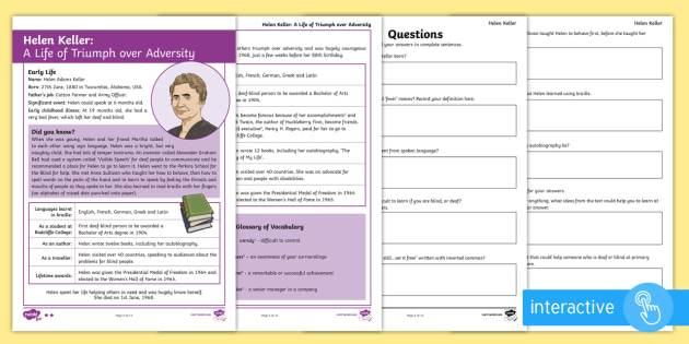 KS2 Helen Keller Differentiated Comprehension Activity Sheets - KS2, Helen