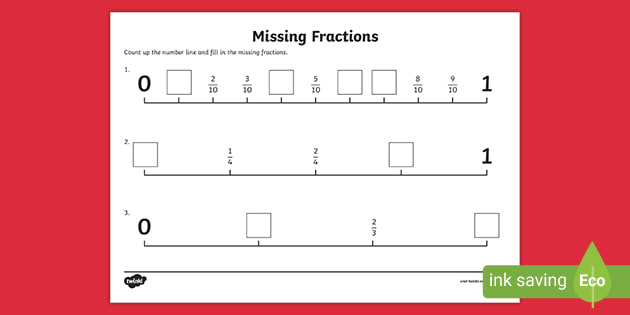KS1 Missing Fractions on a Number Line Worksheet