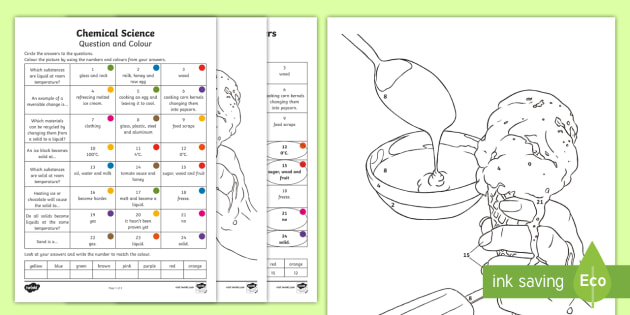 year 3 chemical science questions and colouring worksheet worksheets