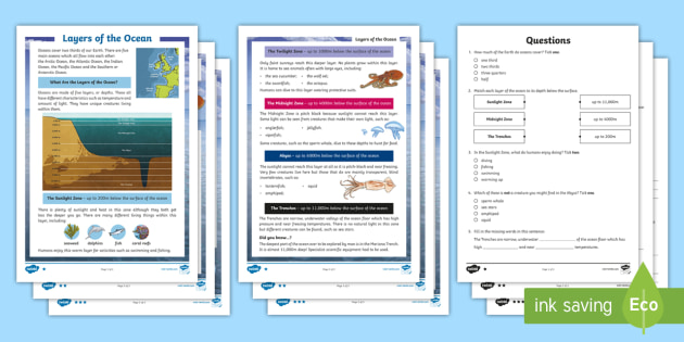 LKS2 Layers Of The Ocean Differentiated Reading Comprehension Activity