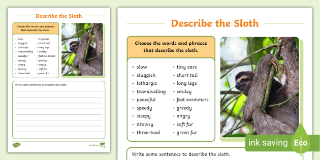 * NEW * Describe the Sloth Writing Worksheet (Teacher-Made)