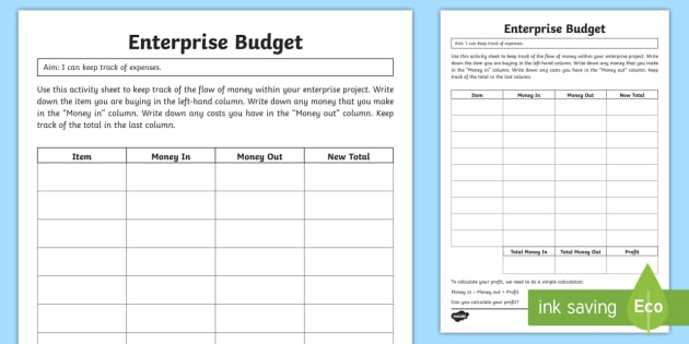 Enterprise Budget Worksheet / Worksheet (teacher made)