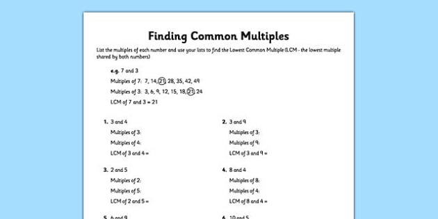 Lowest Common Multiples Worksheet