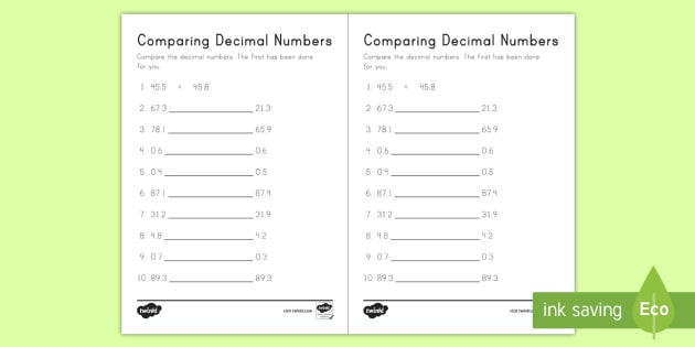Comparing Decimal Numbers Worksheet Worksheet Comparing Decimals Comparing Decimal Numbers Worksheet Worksheet Comparing Decimals Tenths Place Value