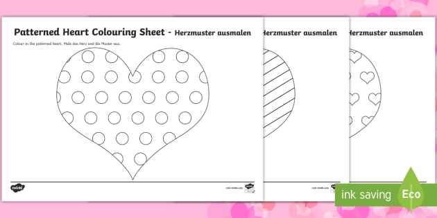 valentine's day patterned hearts colouring page english/german