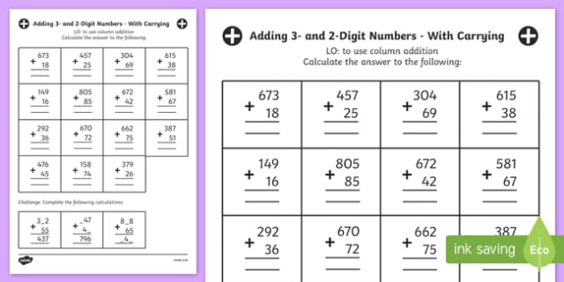 adding 3 and 2 digit numbers in a column worksheet year 3