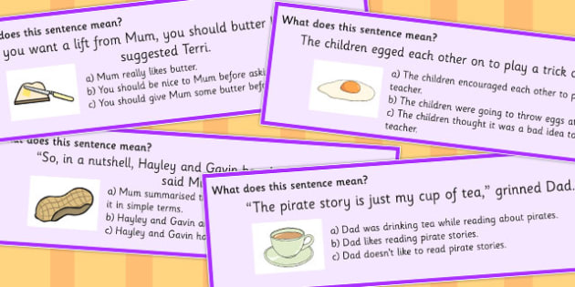 sentences with idioms food meanings and Choice Idioms food, Food  idiom Multiple Sentence Cards 2 Set