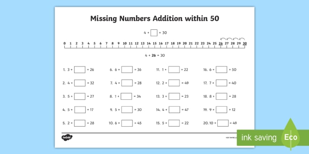 Missing Numbers Addition within 50 Worksheet / Worksheet