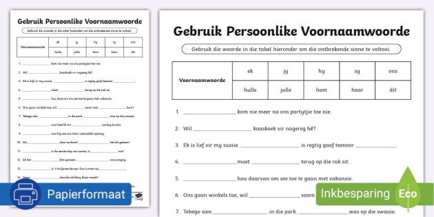 gebruik persoonlike voornaamwoorde aktiwiteit teacher made