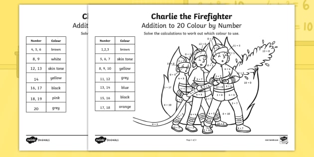 Charlie the firefighter addition to 20 colour by number