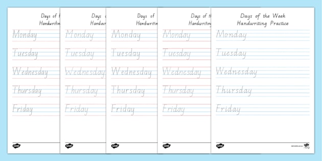 Days Of The Week Cursive Handwriting Worksheets