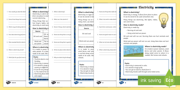 KS1 Electricity Differentiated Reading Comprehension Activity - Light, dark