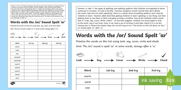 Year 2 Spelling Practice /or/ Sound Spelt 'ar' Homework