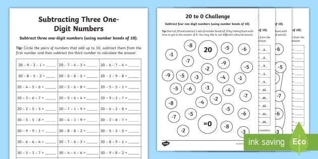 subtracting three one digit numbers using number facts to 10 worksheet