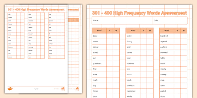 301 400 High Frequency Words Assessment Checklist