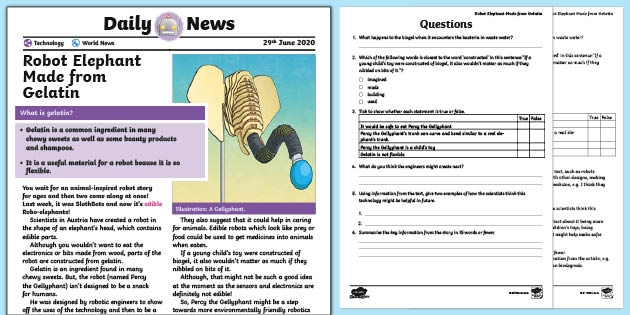 Robot Elephant Made from Jelly Daily News Story (ages 9-11)