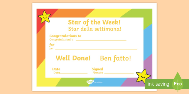 Star of the Week Award Certificate English/Italian - A Star of the Week