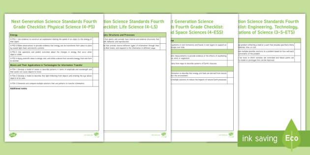 Next Generation Science Standards Fourth Grade Checklist