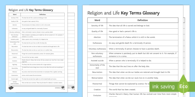 religion and life key words worksheet worksheet