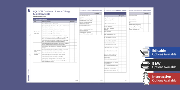 AQA GCSE Combined Science: Trilogy Topic Checklists - 6.4 Atomic Structure