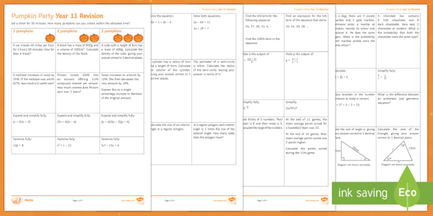 Halloween Maths Pumpkin Party Gcse Revision Worksheet