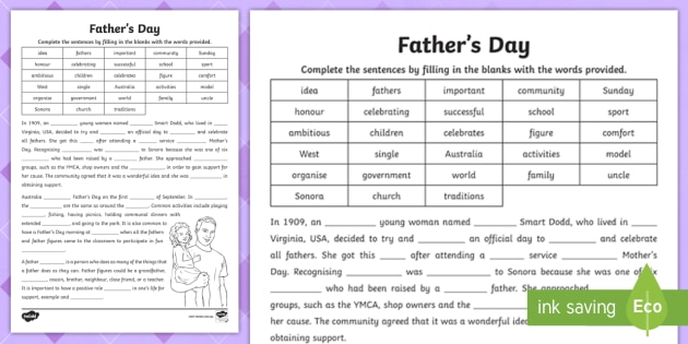 father s day cloze worksheet teacher made