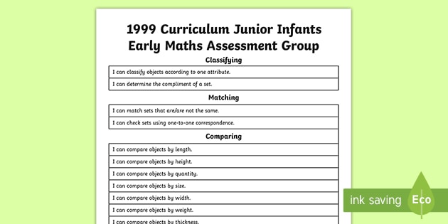 1999 Curriculum Junior Infants Early Maths Activities Assessment Group