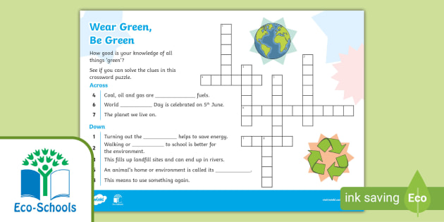 FREE KS1 Eco Schools Wear Green Be Green Crossword