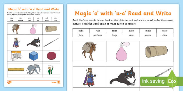 Magic e with 'u-e' Read and Write Worksheet (teacher made)