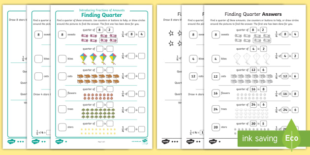 introducing fractions of amounts finding one quarter differentiated introducing fractions of amounts finding one quarter differentiated worksheet worksheet maths year